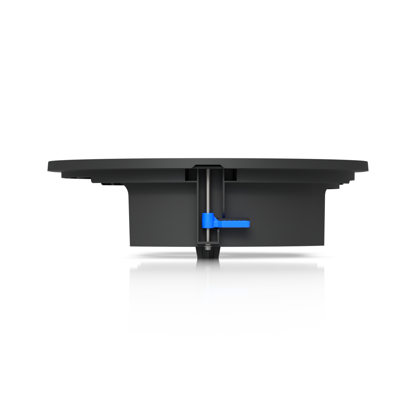 Side detail of the Ubiquiti UACC-G6-Dome-FM-B adjustable ceiling clamp, threaded rod and blue locking lever.