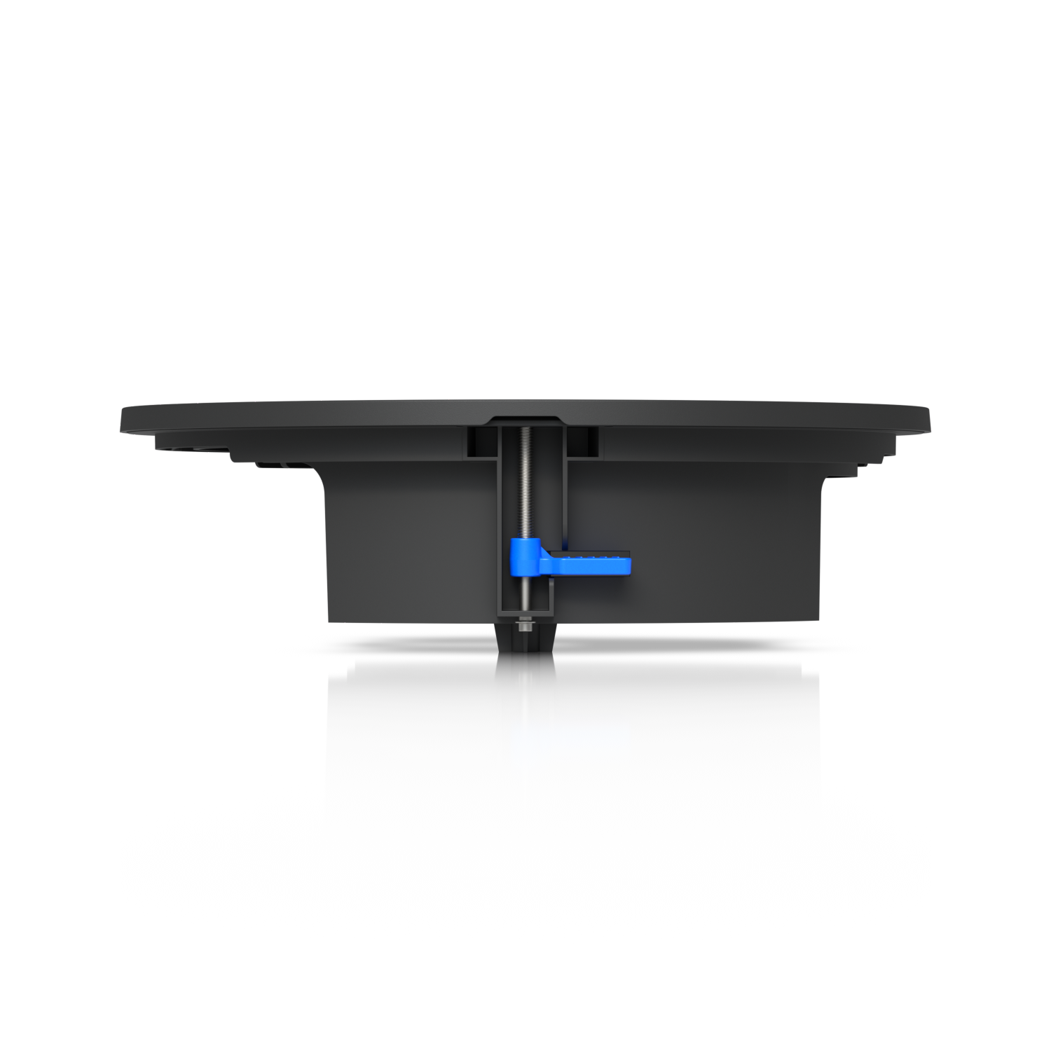 Side detail of the Ubiquiti UACC-G6-Dome-FM-B adjustable ceiling clamp, threaded rod and blue locking lever.