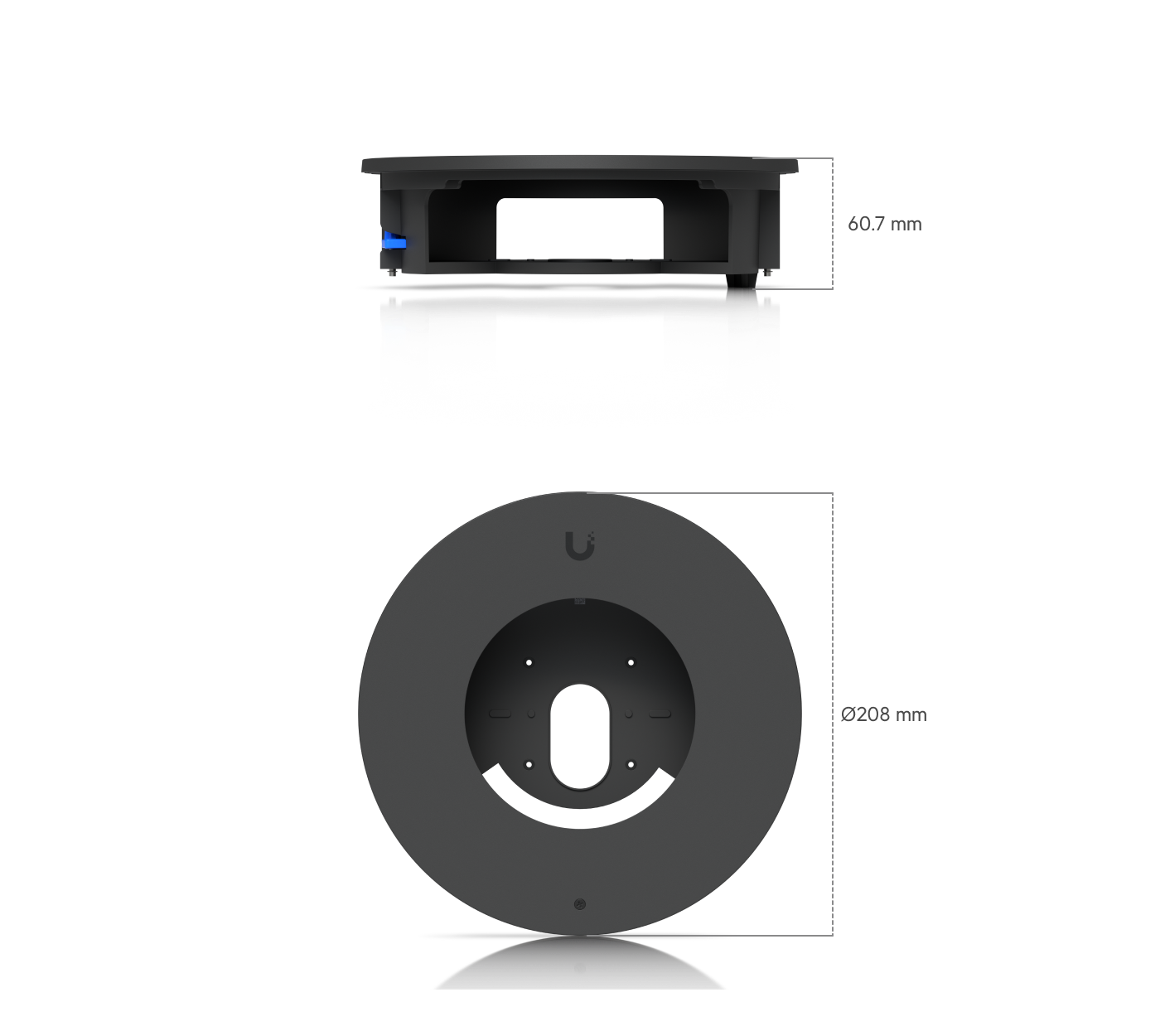 Dimension diagram of the Ubiquiti UACC-G6-Dome-FM-B black flush mount, measuring 208 mm in diameter and 60.7 mm deep.