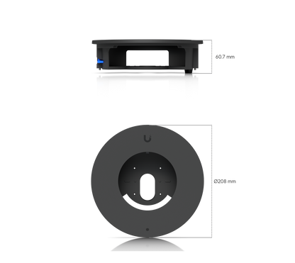 Dimension diagram of the Ubiquiti UACC-G6-Dome-FM-B black flush mount, measuring 208 mm in diameter and 60.7 mm deep.