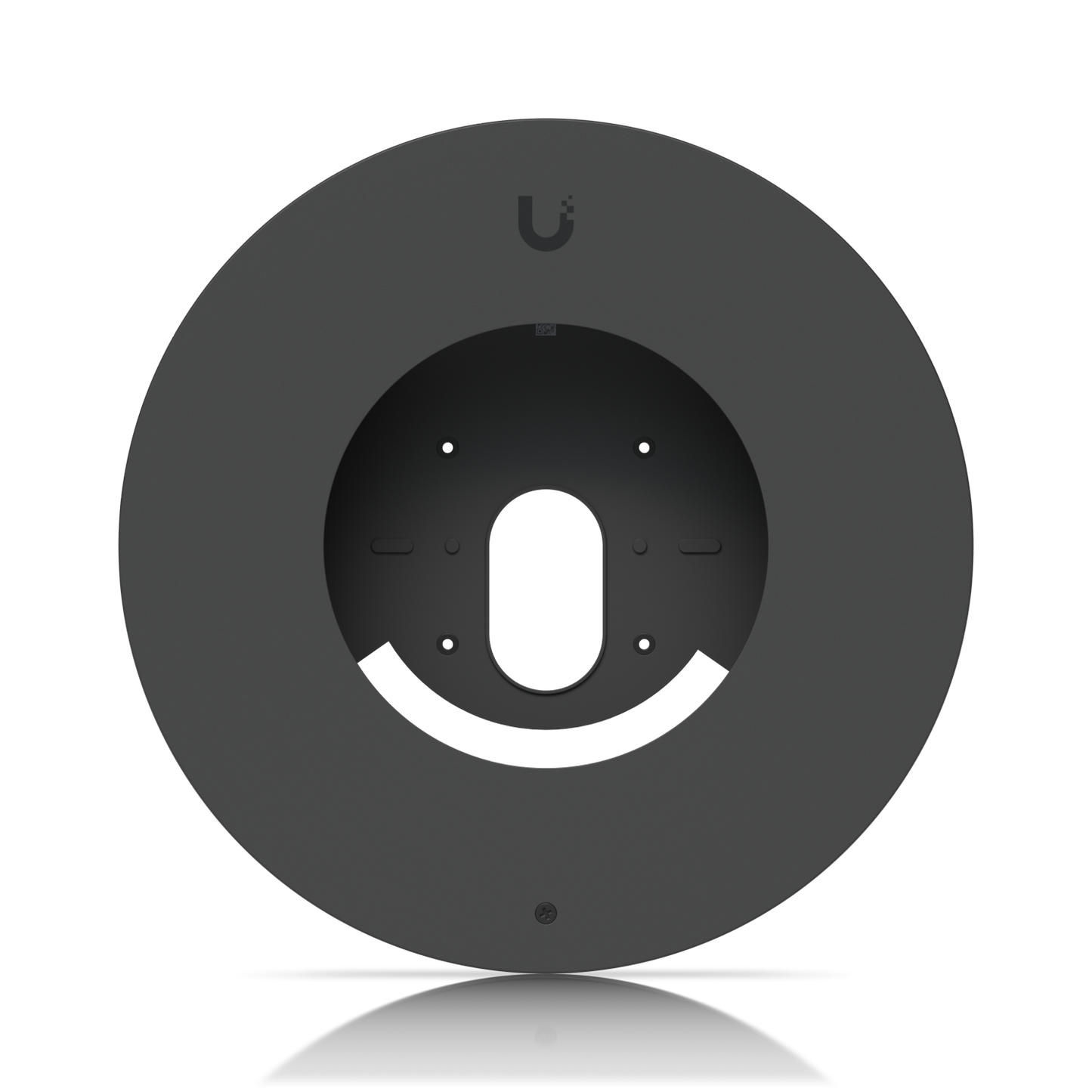 Front view of the Ubiquiti UACC-G6-Dome-FM-B black circular trim plate, showing the central opening and mounting holes.