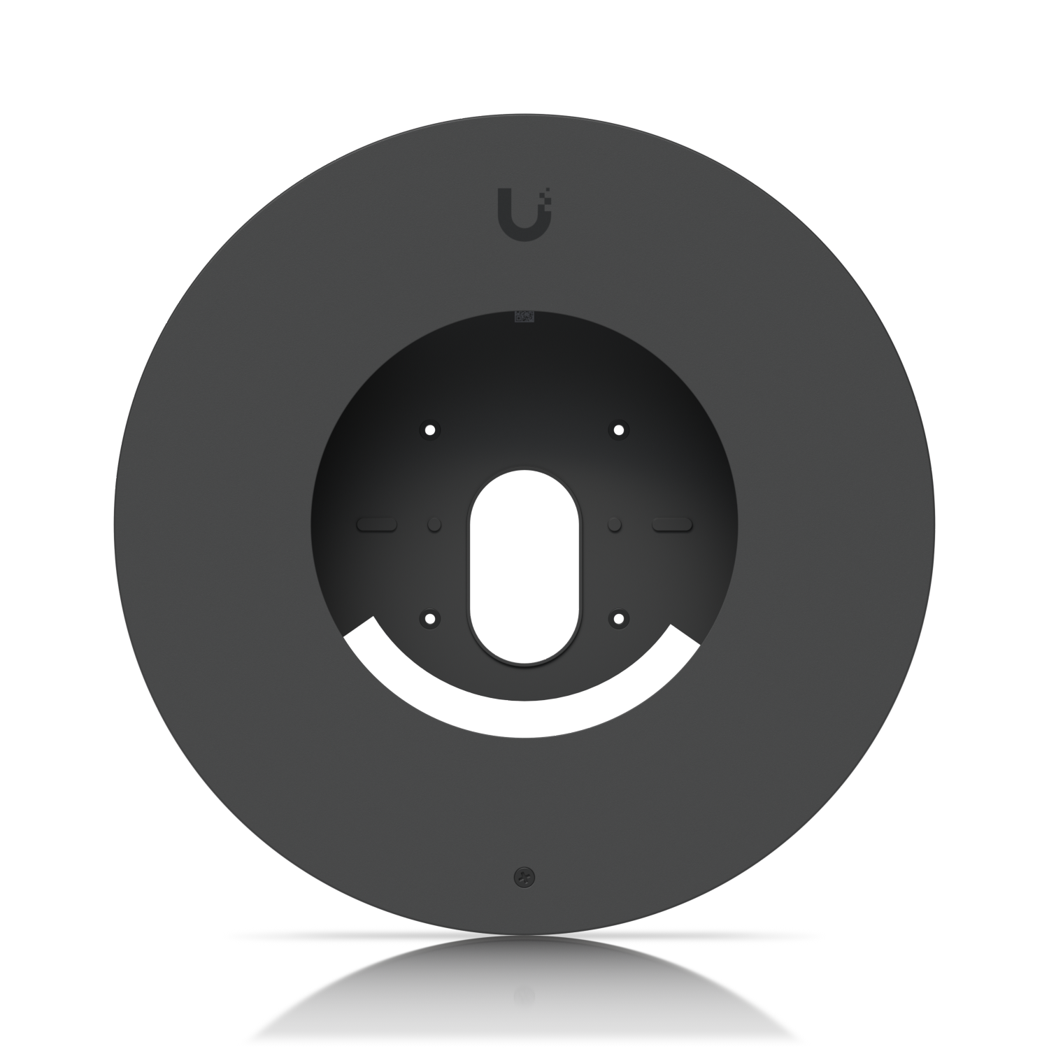 Front view of the Ubiquiti UACC-G6-Dome-FM-B black circular trim plate, showing the central opening and mounting holes.