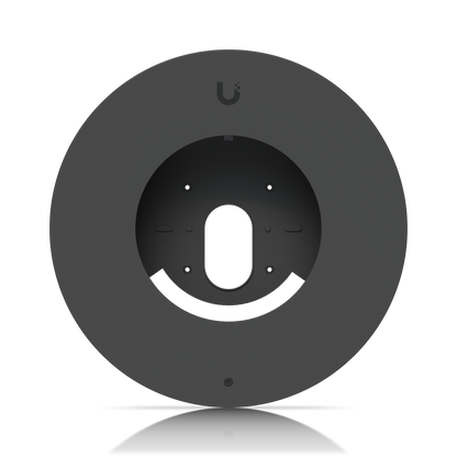 Front view of the Ubiquiti UACC-G6-Dome-FM-B black circular trim plate, showing the central opening and mounting holes.
