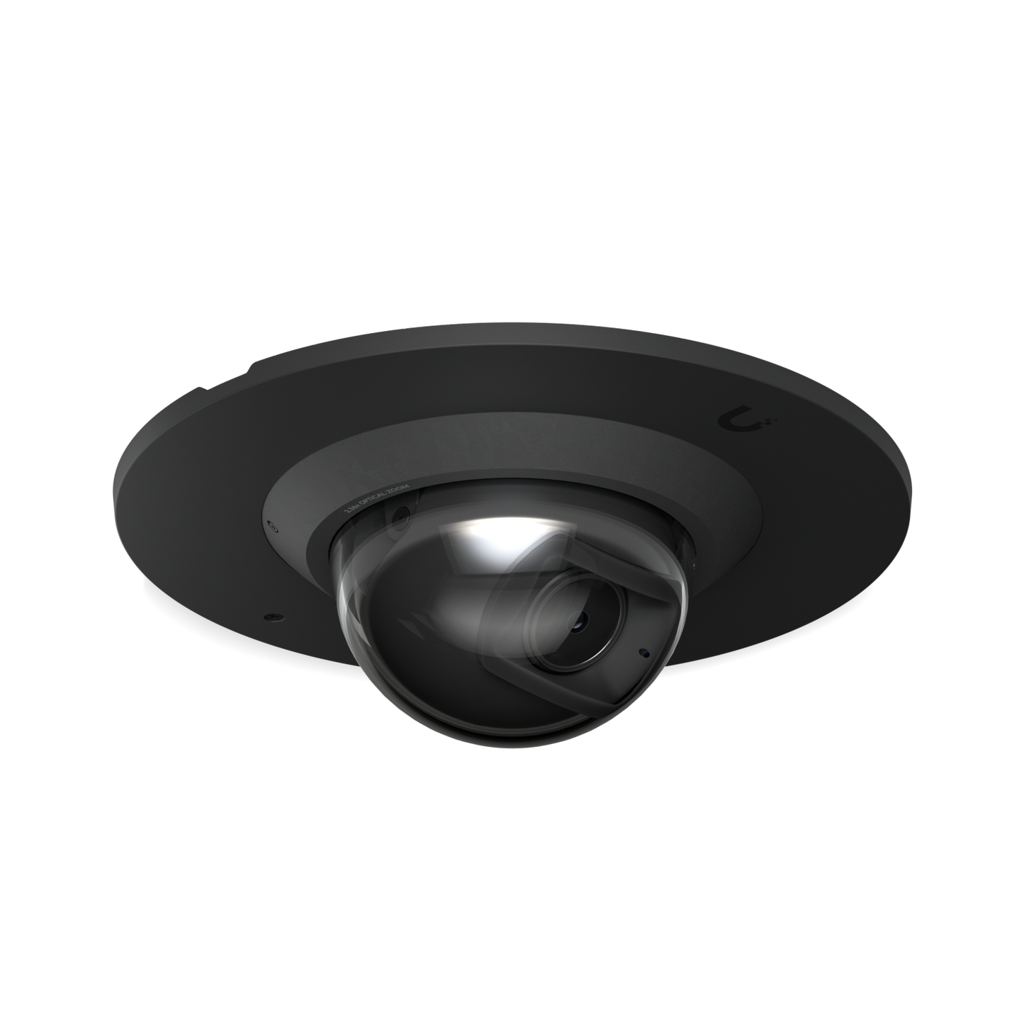 Angled close-up of the Ubiquiti UACC-G6-Dome-FM-B black flush mount fitted with a UniFi G6 Dome camera.