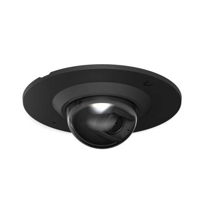 Angled close-up of the Ubiquiti UACC-G6-Dome-FM-B black flush mount fitted with a UniFi G6 Dome camera.