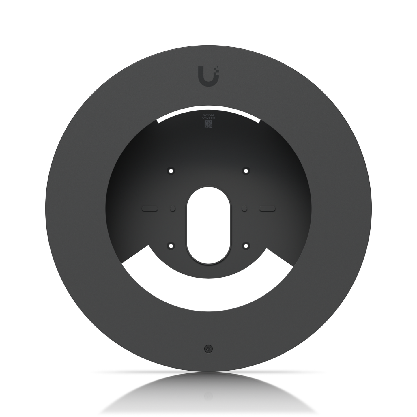 Front view of the Ubiquiti UACC-G6-Dome-FM-B black flush mount with its circular trim and recessed mounting plate.