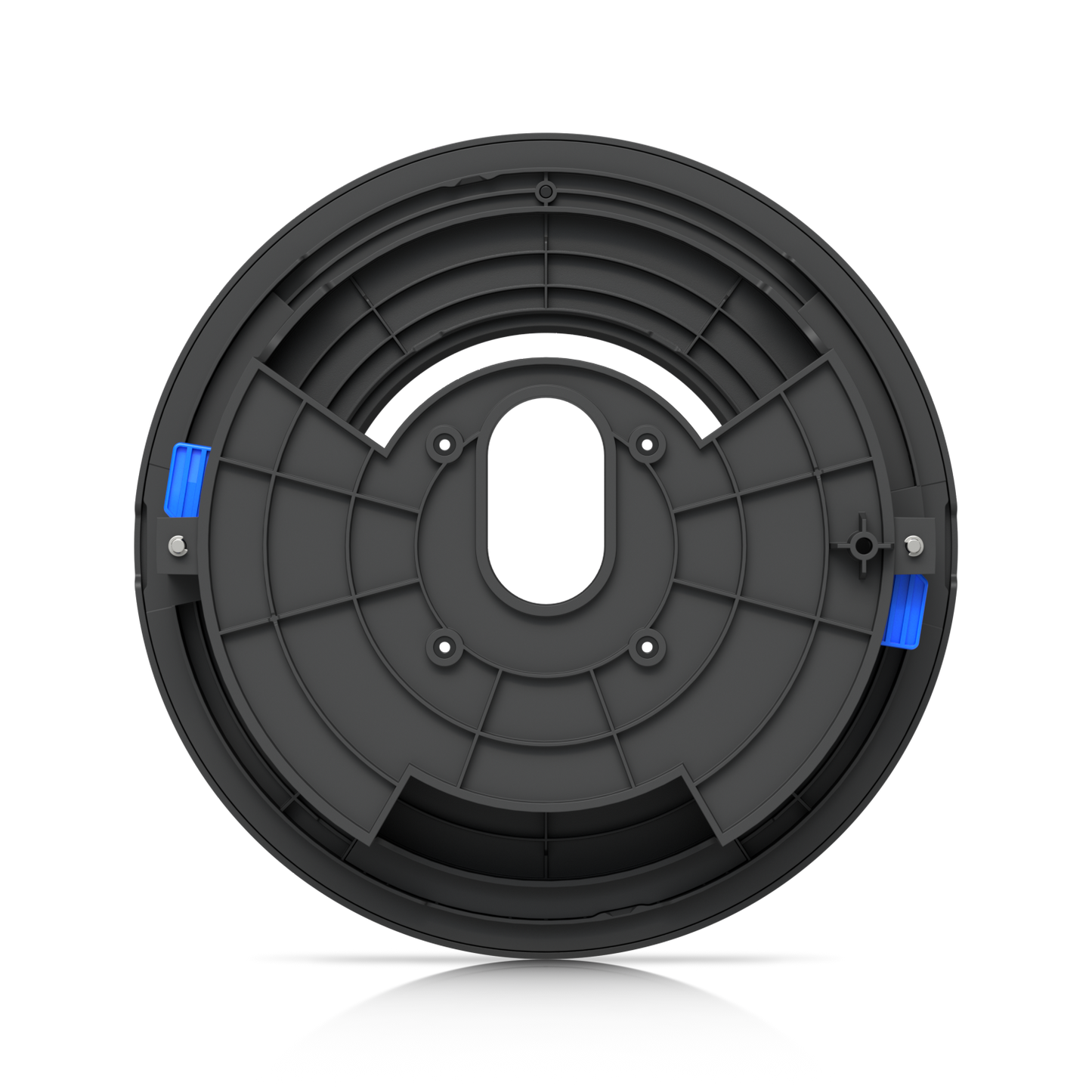 Rear view of the Ubiquiti UACC-G6-Dome-FM-B housing, showing structural ribs, mounting holes and blue locking tabs.
