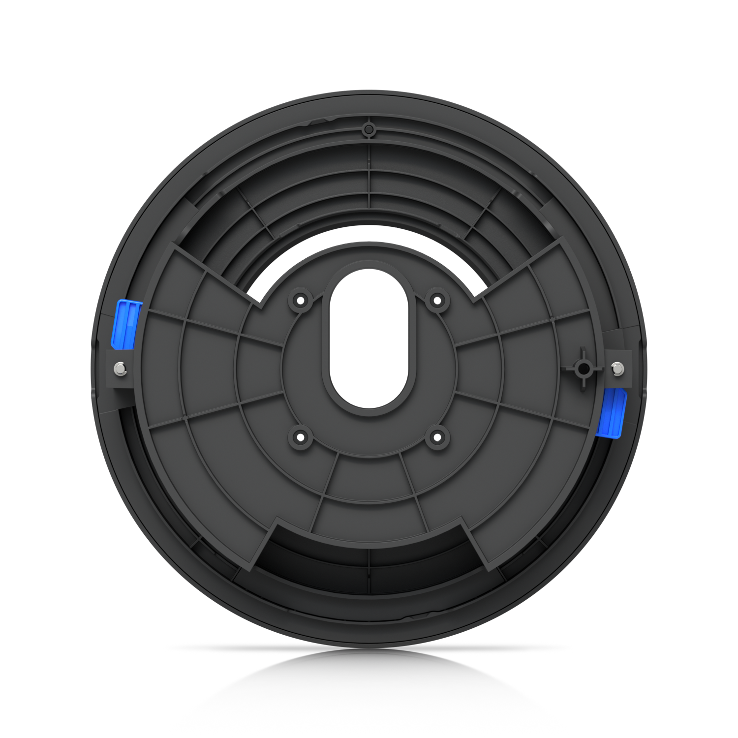 Rear view of the Ubiquiti UACC-G6-Dome-FM-B housing, showing structural ribs, mounting holes and blue locking tabs.