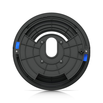 Rear view of the Ubiquiti UACC-G6-Dome-FM-B housing, showing structural ribs, mounting holes and blue locking tabs.
