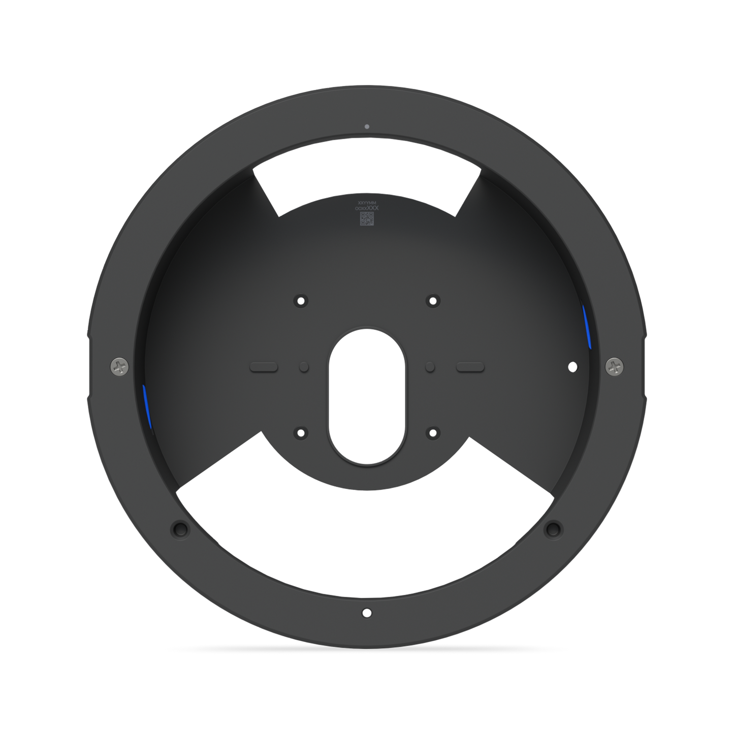 Front view of the Ubiquiti UACC-G6-Dome-FM-B housing with the trim removed, showing the cable opening and locking tabs.