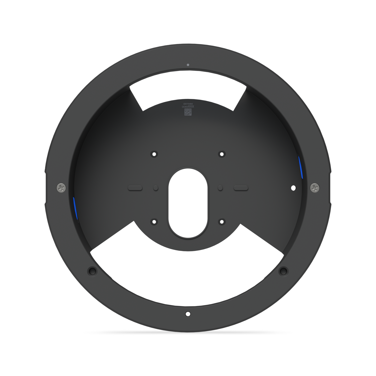 Front view of the Ubiquiti UACC-G6-Dome-FM-B housing with the trim removed, showing the cable opening and locking tabs.