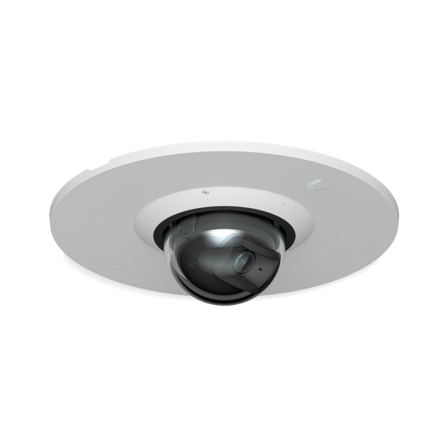 Ubiquiti UACC-G6-Dome-FM-W white flush mount fitted with a UniFi G6 Dome camera, angled front view