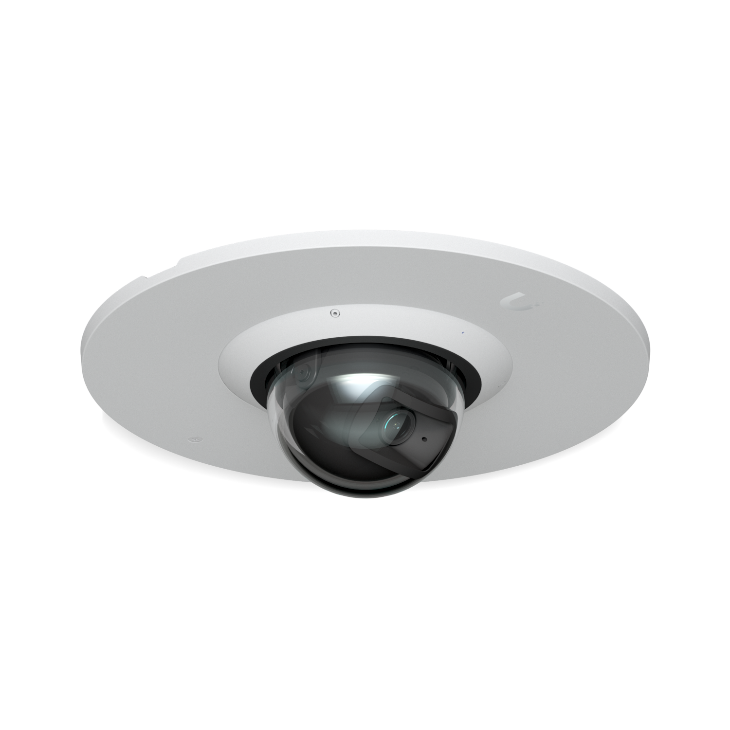Ubiquiti UACC-G6-Dome-FM-W white flush mount fitted with a UniFi G6 Dome camera, angled front view