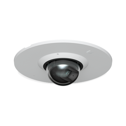 Ubiquiti UACC-G6-Dome-FM-W white flush mount fitted with a UniFi G6 Dome camera, angled front view