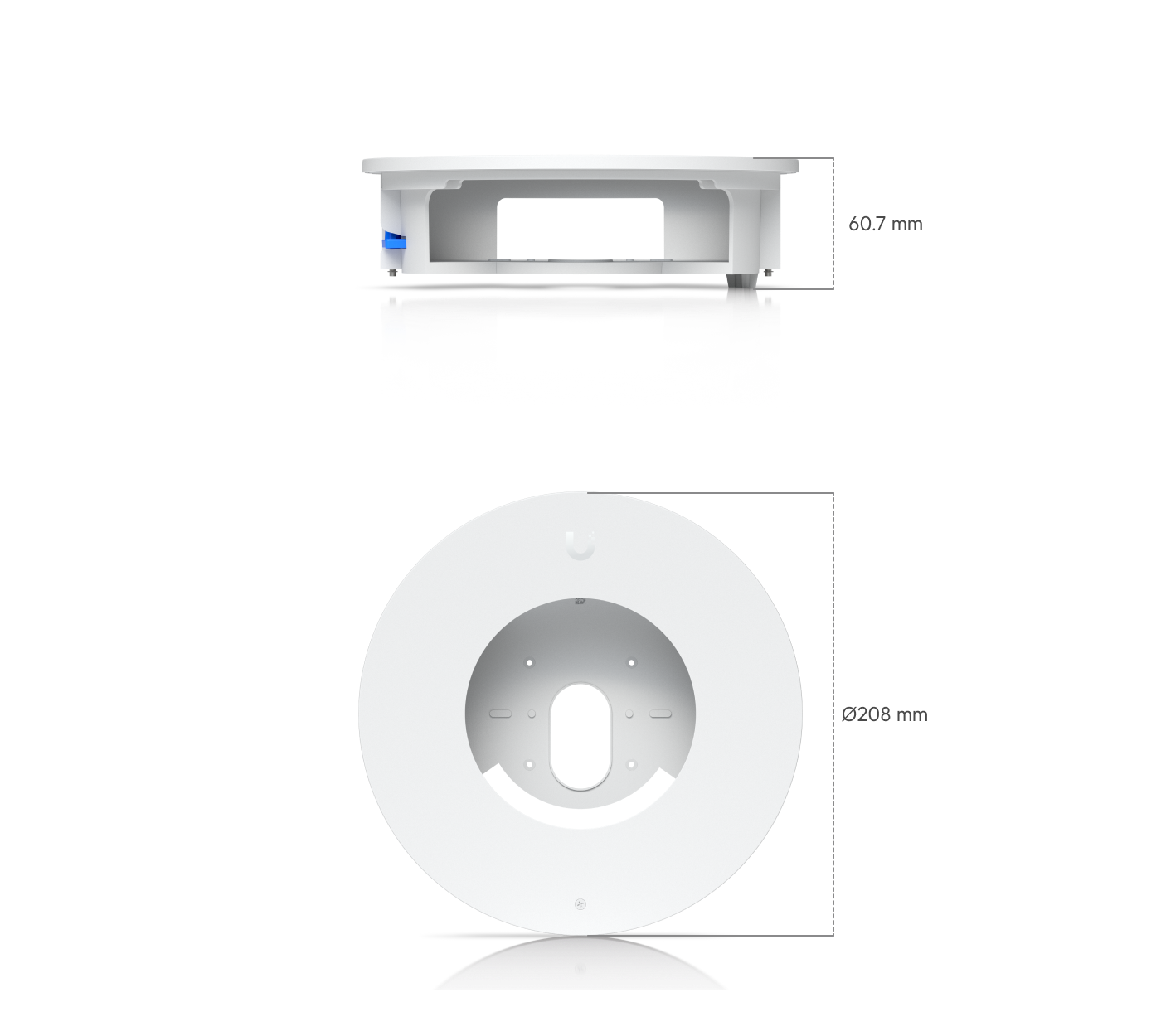 Ubiquiti UACC-G6-Dome-FM-W flush-mount dimensions showing 208 mm diameter and 60.7 mm height
