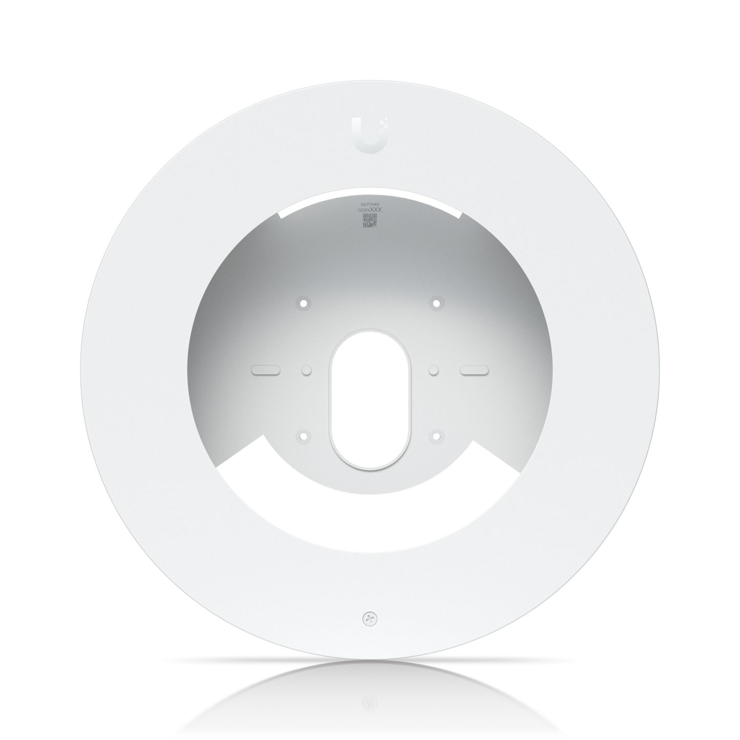 Front face of the white Ubiquiti UACC-G6-Dome-FM-W flush mount with circular trim and cable opening