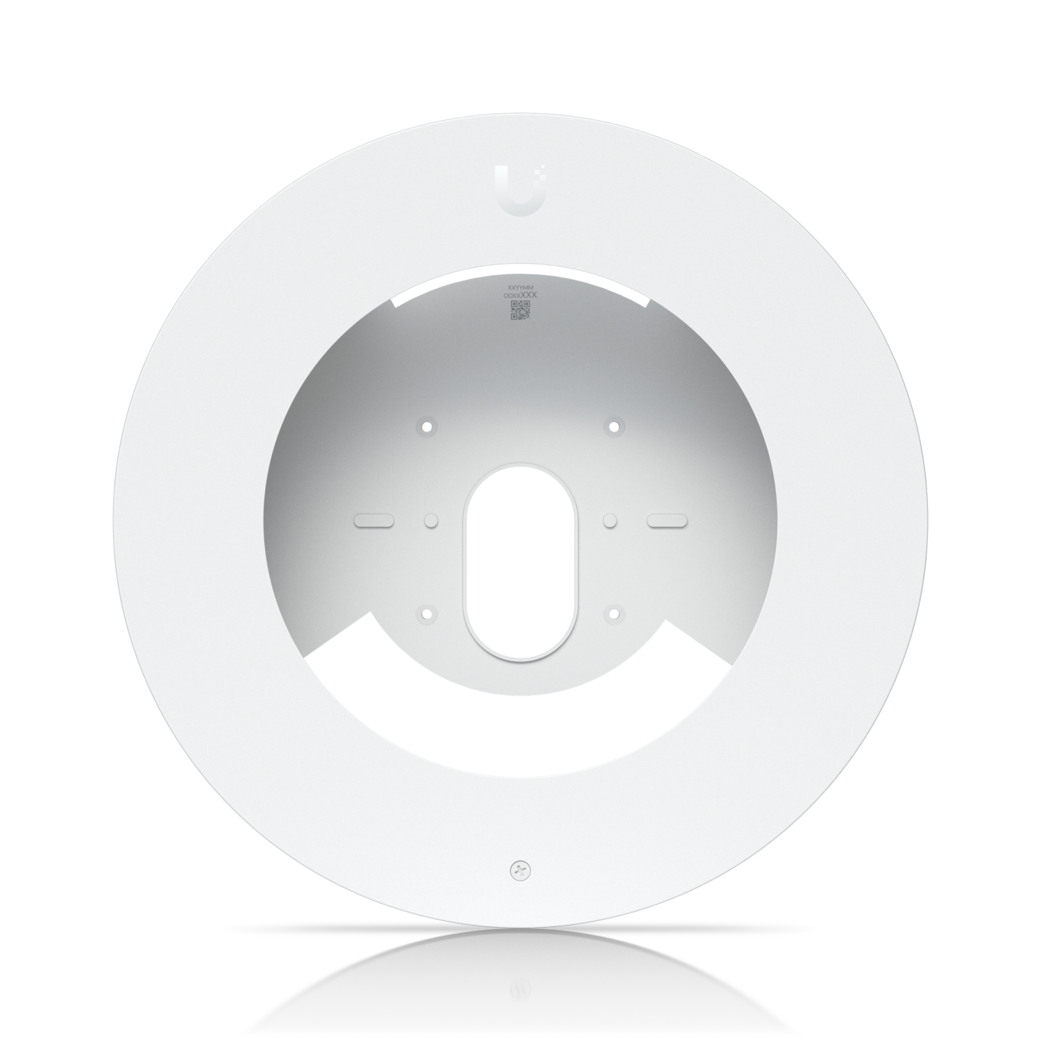 Front face of the white Ubiquiti UACC-G6-Dome-FM-W flush mount with circular trim and cable opening