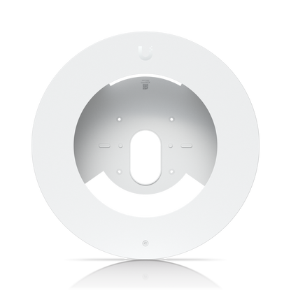 Front face of the white Ubiquiti UACC-G6-Dome-FM-W flush mount with circular trim and cable opening