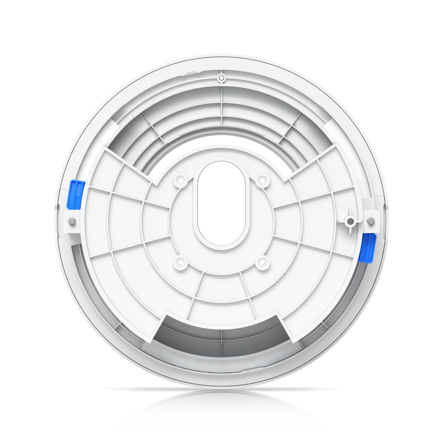 Underside of the Ubiquiti UACC-G6-Dome-FM-W white flush mount showing support ribs and blue locking clips