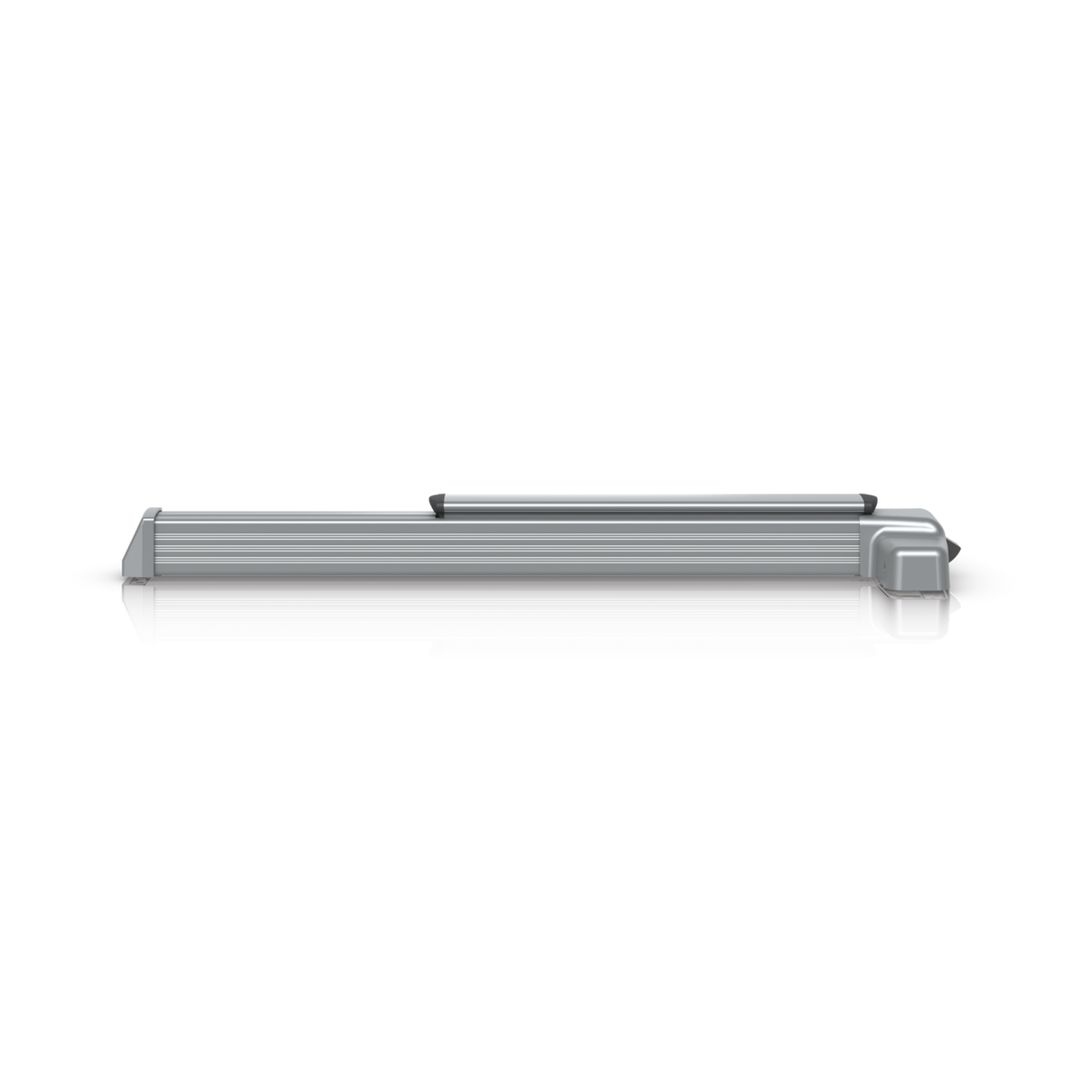 Ubiquiti UACC-PanicBar UniFi Panic Bar side profile showing the ribbed rail, raised push section, end cap and right-side latch housing.