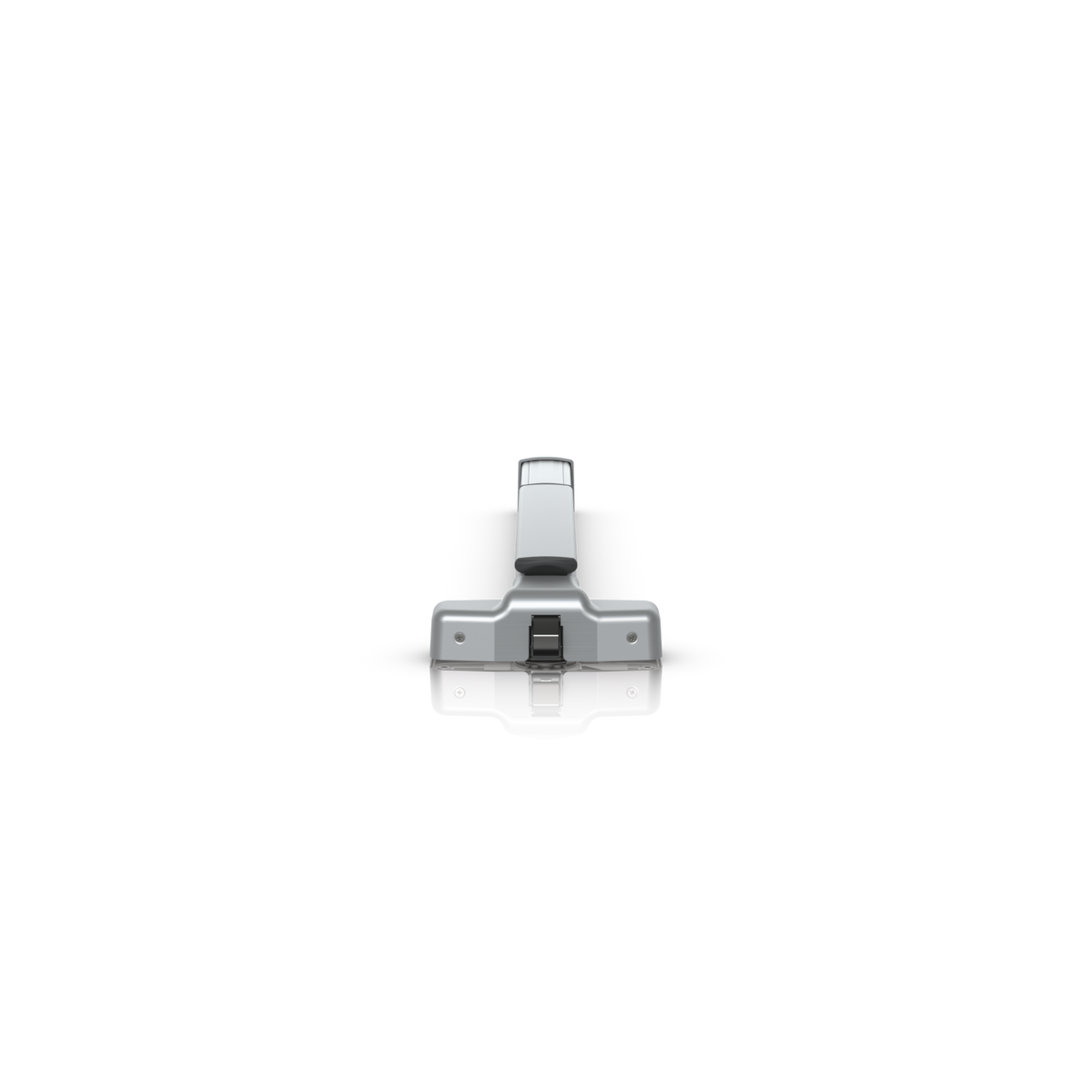 Ubiquiti UACC-PanicBar UniFi Panic Bar latch-end view showing the central latch bolt, housing screws and raised push section profile.