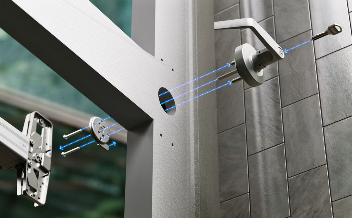 Ubiquiti UACC-PanicBar UniFi Panic Bar installation diagram showing the exterior keyed lever aligned with the internal latch mechanism through the door.
