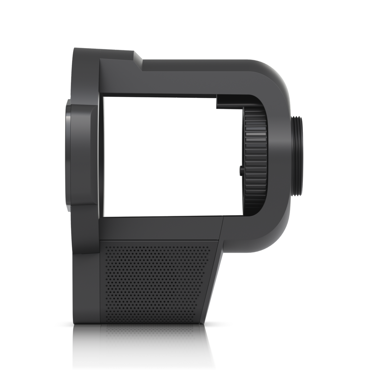 Ubiquiti UACC-Pro-Bullet-Enhancer UniFi Pro Bullet Enhancer in Black, side profile showing the open camera cradle, adjustment collar, threaded rear mount and perforated lower grille.