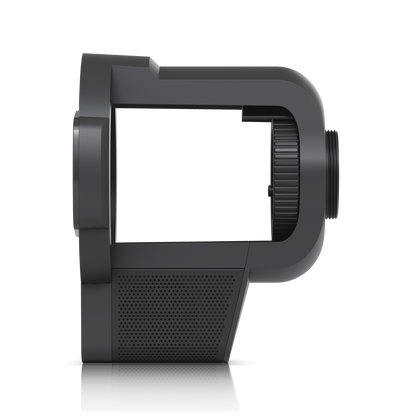 Ubiquiti UACC-Pro-Bullet-Enhancer UniFi Pro Bullet Enhancer in Black, side profile showing the open camera cradle, adjustment collar, threaded rear mount and perforated lower grille.