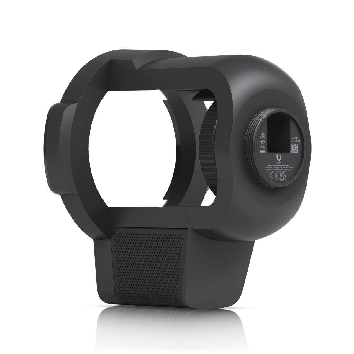 Ubiquiti UACC-Pro-Bullet-Enhancer UniFi Pro Bullet Enhancer in Black, rear three-quarter view with labelled mounting interface, adjustment collar and perforated lower grille.