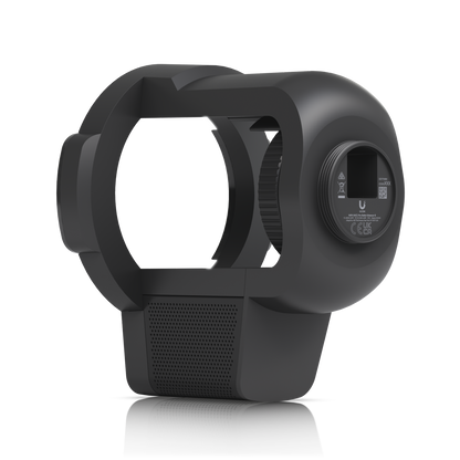Ubiquiti UACC-Pro-Bullet-Enhancer UniFi Pro Bullet Enhancer in Black, rear three-quarter view with labelled mounting interface, adjustment collar and perforated lower grille.