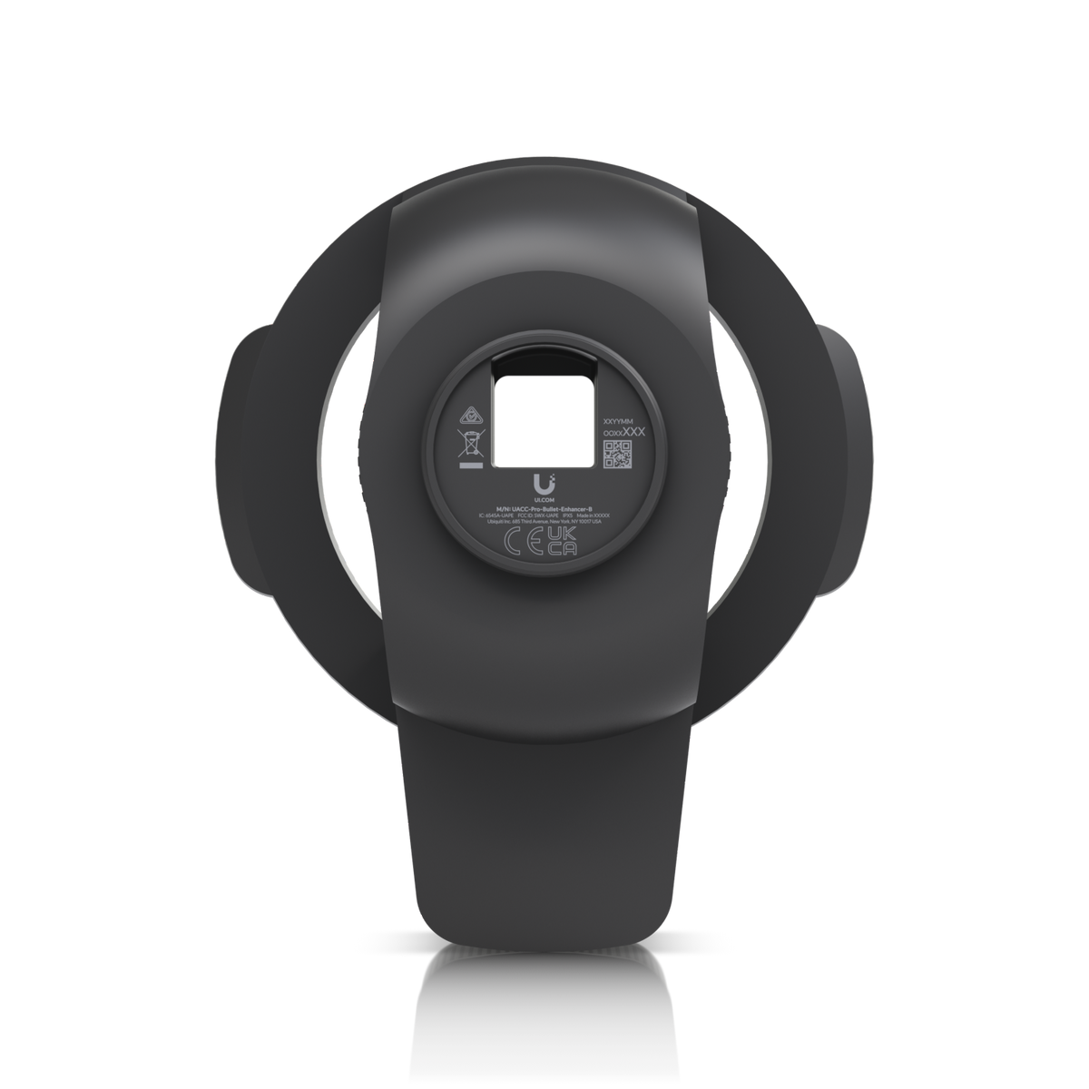 Ubiquiti UACC-Pro-Bullet-Enhancer UniFi Pro Bullet Enhancer in Black, direct rear view showing the central mounting interface and circular enhancer frame.