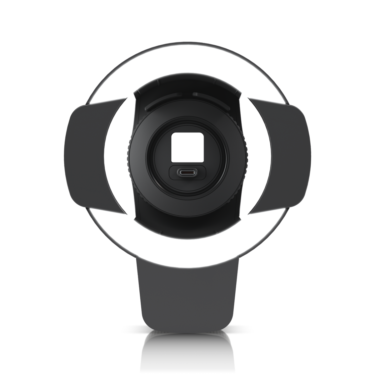 Ubiquiti UACC-Pro-Bullet-Enhancer UniFi Pro Bullet Enhancer in Black, direct front view with illuminated ring light, side guards, camera opening and USB-C connection.