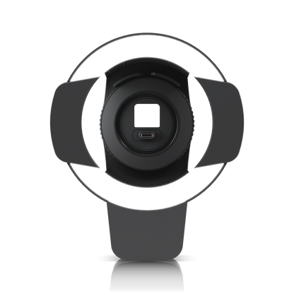 Ubiquiti UACC-Pro-Bullet-Enhancer UniFi Pro Bullet Enhancer in Black, direct front view with illuminated ring light, side guards, camera opening and USB-C connection.