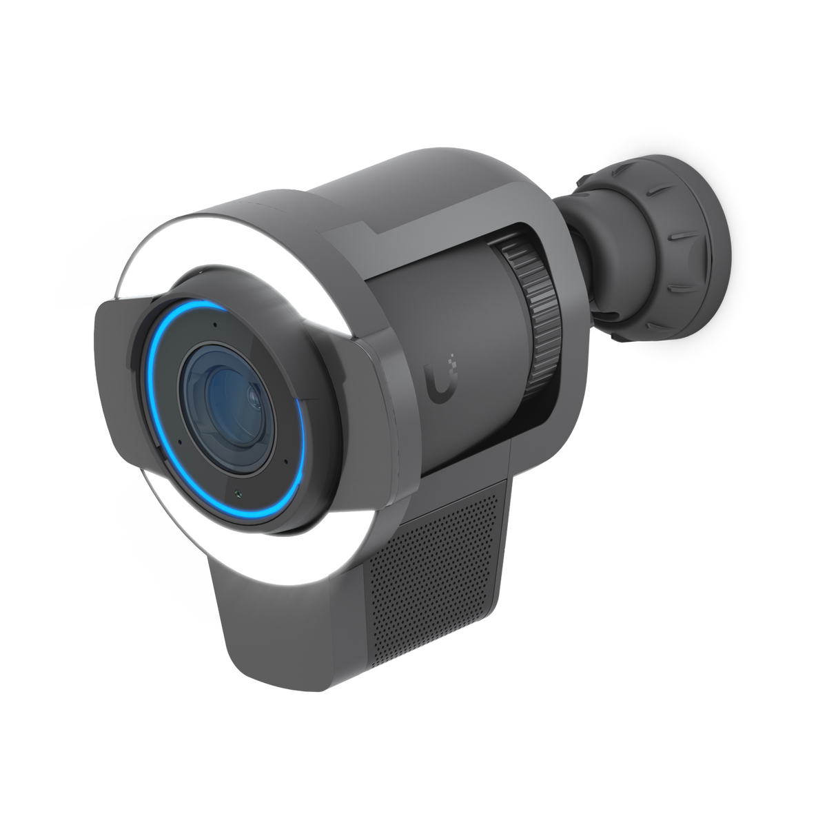 Ubiquiti UACC-Pro-Bullet-Enhancer UniFi Pro Bullet Enhancer in Black fitted to a UniFi bullet camera with illuminated ring light and blue status indicator.