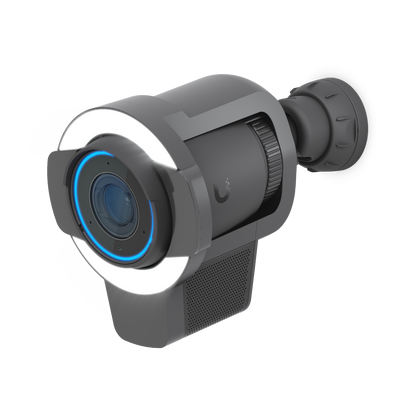 Ubiquiti UACC-Pro-Bullet-Enhancer UniFi Pro Bullet Enhancer in Black fitted to a UniFi bullet camera with illuminated ring light and blue status indicator.