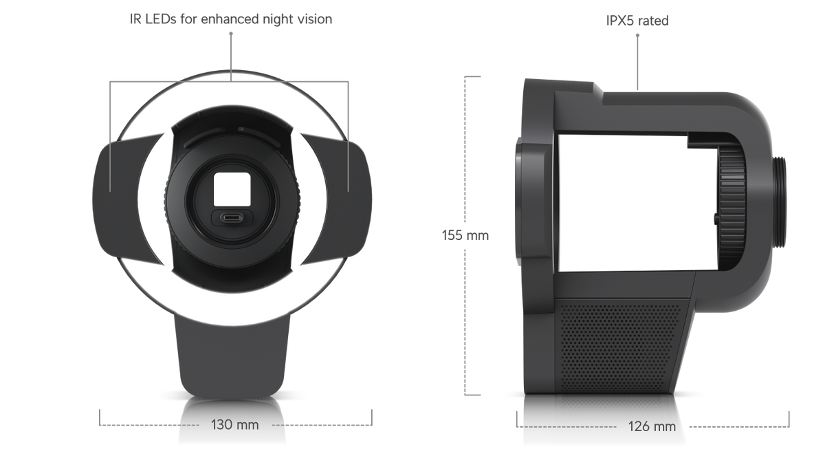 Ubiquiti UACC-Pro-Bullet-Enhancer UniFi Pro Bullet Enhancer in Black dimension diagram showing IR LEDs, IPX5 rating, 155mm height, 130mm width and 126mm depth.