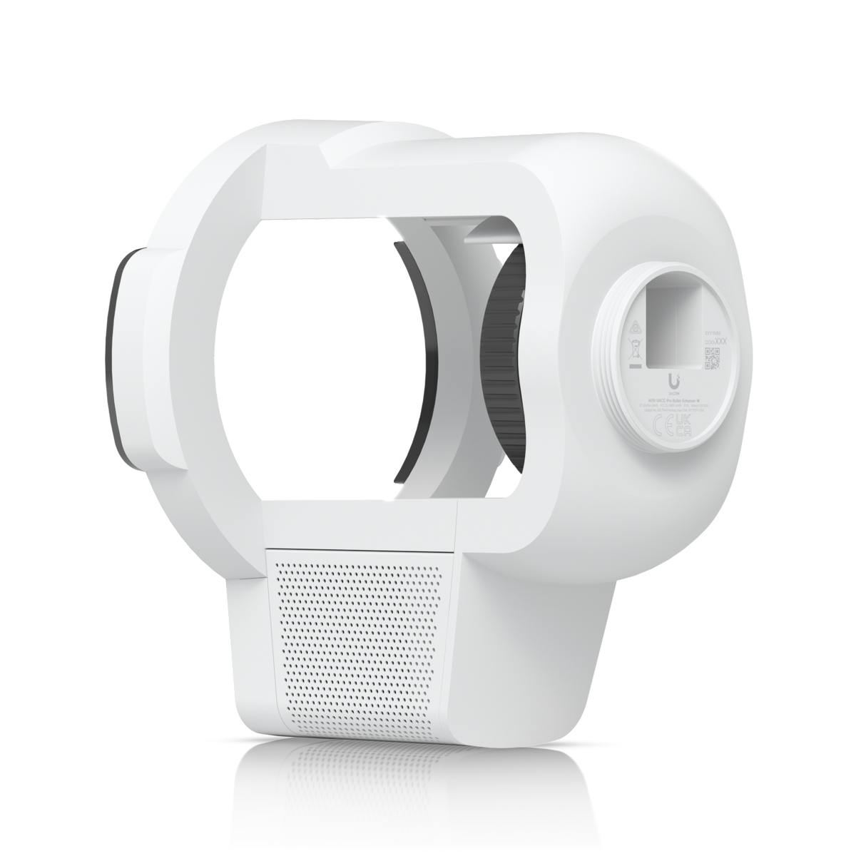 Ubiquiti UACC-Pro-Bullet-Enhancer UniFi Pro Bullet Enhancer in white, rear three-quarter view with open camera housing and circular mounting interface