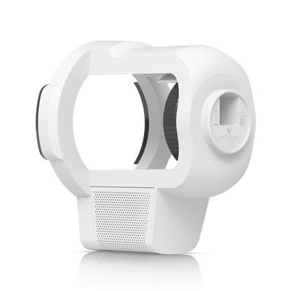 Ubiquiti UACC-Pro-Bullet-Enhancer UniFi Pro Bullet Enhancer in white, rear three-quarter view with open camera housing and circular mounting interface