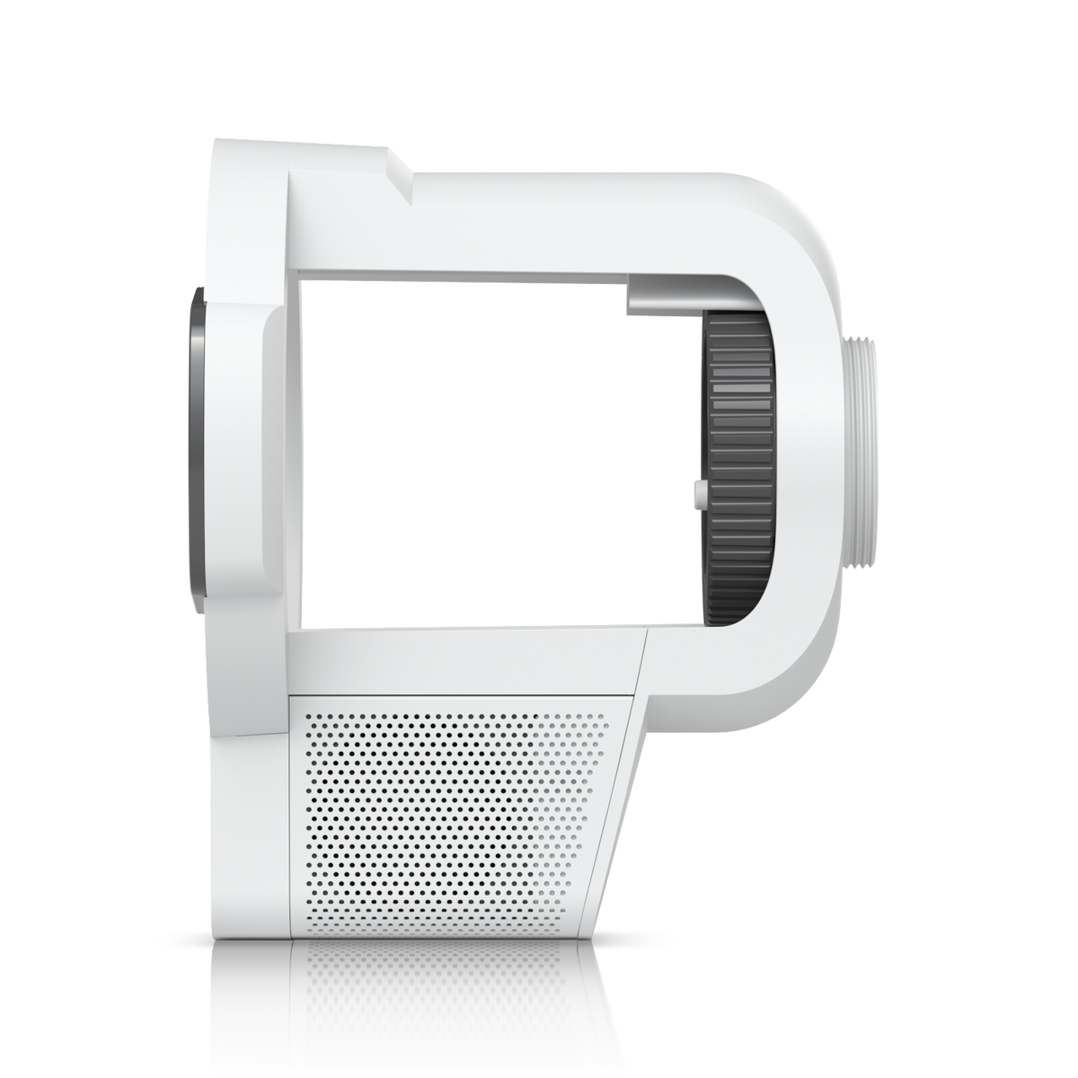 Ubiquiti UACC-Pro-Bullet-Enhancer UniFi Pro Bullet Enhancer in white, side profile showing the open cradle, ribbed adjustment ring and threaded rear connection