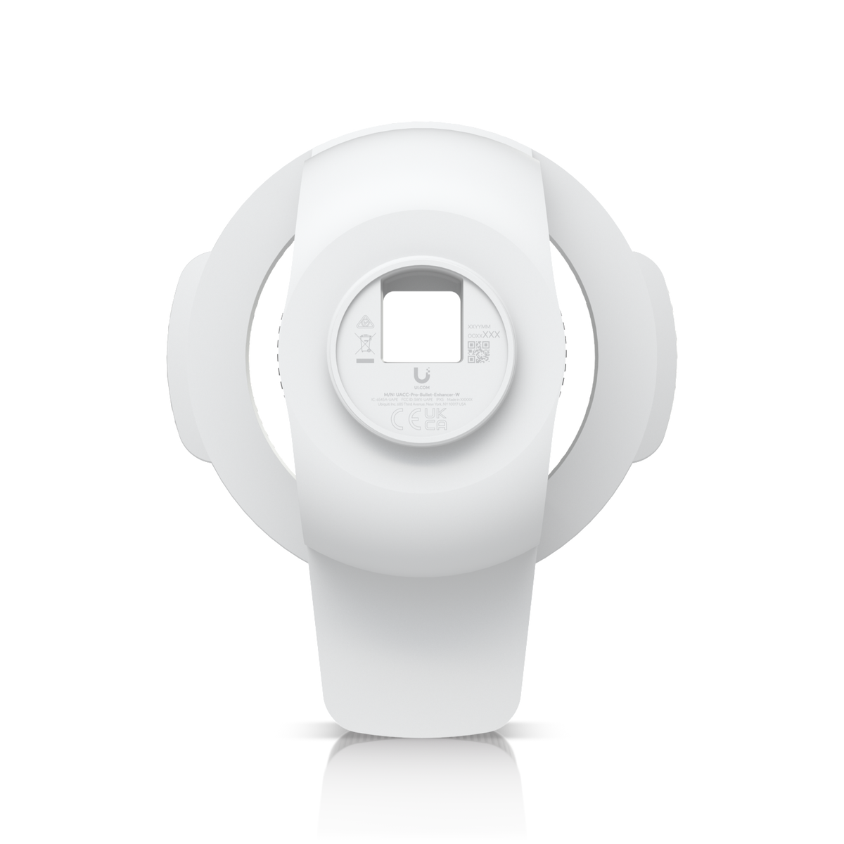 Ubiquiti UACC-Pro-Bullet-Enhancer UniFi Pro Bullet Enhancer in white, straight rear view showing the circular mounting plate and central cable opening