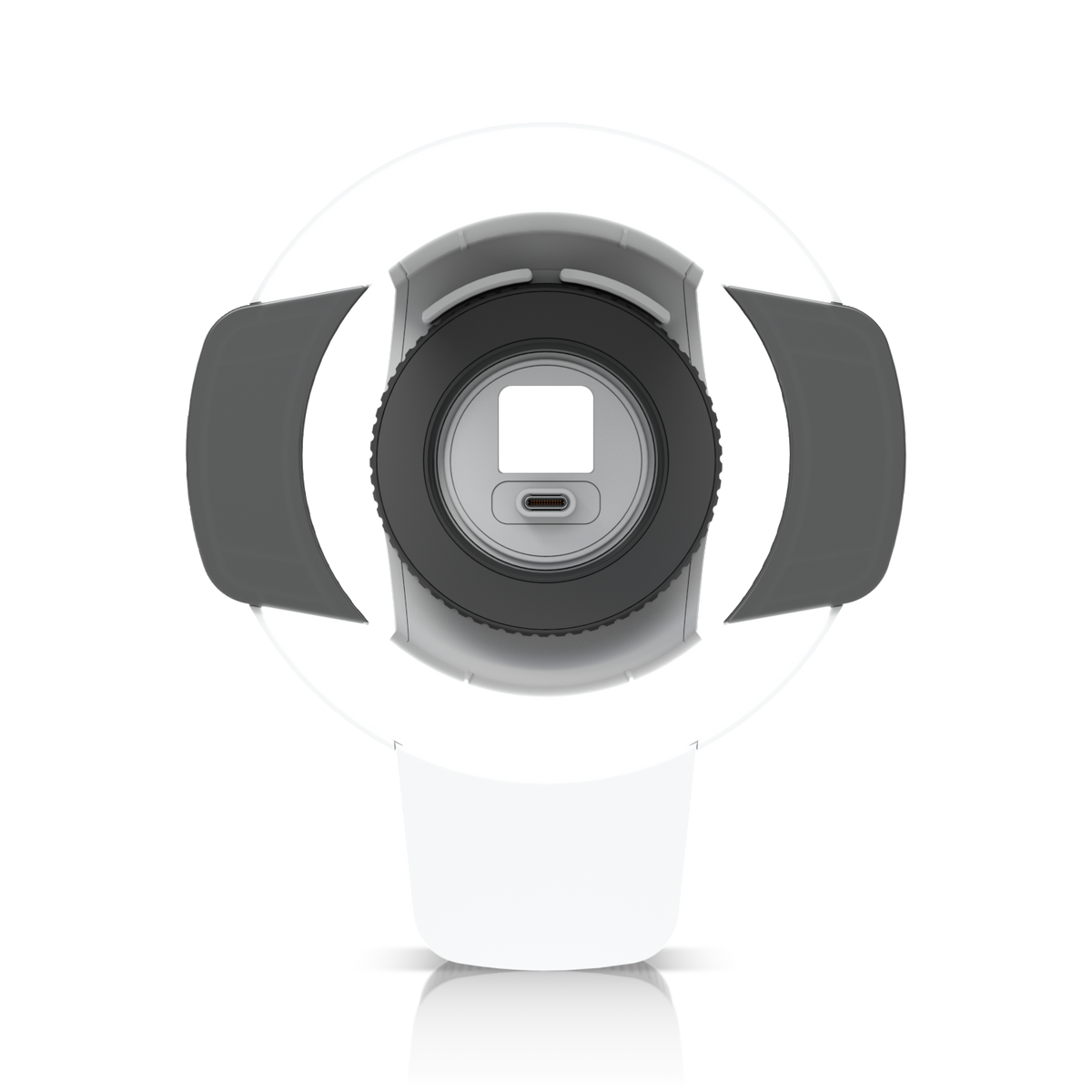 Ubiquiti UACC-Pro-Bullet-Enhancer UniFi Pro Bullet Enhancer in white, straight front view with circular surround, dark side shields and USB-C connector