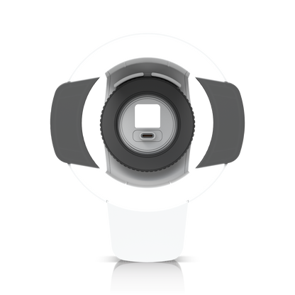 Ubiquiti UACC-Pro-Bullet-Enhancer UniFi Pro Bullet Enhancer in white, straight front view with circular surround, dark side shields and USB-C connector