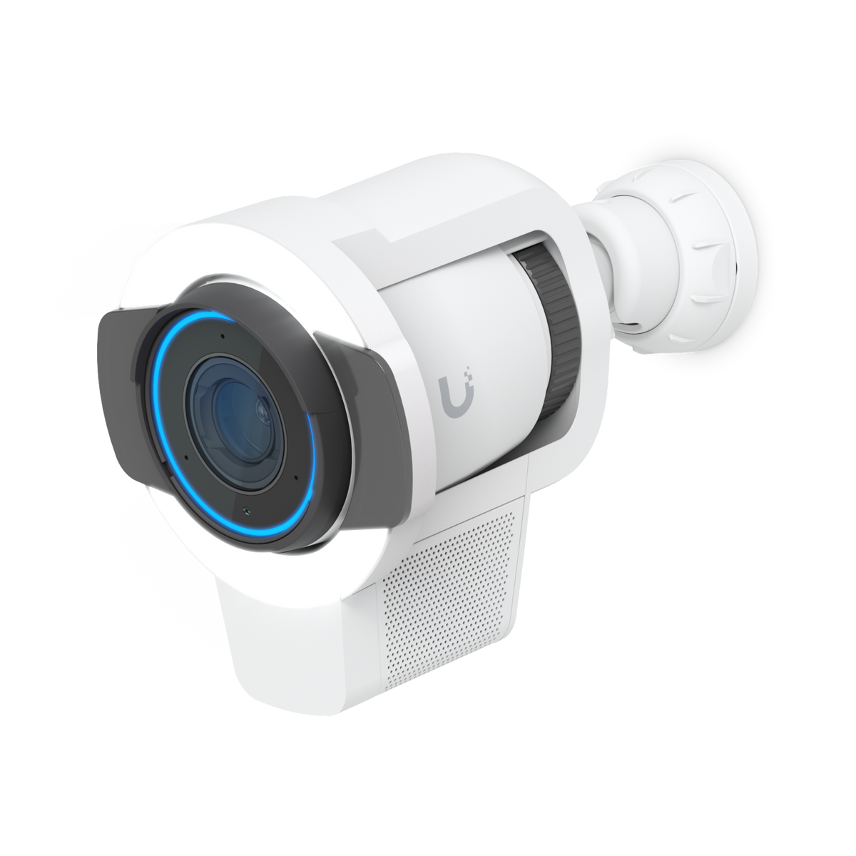 Ubiquiti UACC-Pro-Bullet-Enhancer UniFi Pro Bullet Enhancer in white installed around a UniFi bullet camera with illuminated spotlight and blue status ring