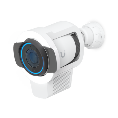 Ubiquiti UACC-Pro-Bullet-Enhancer UniFi Pro Bullet Enhancer in white installed around a UniFi bullet camera with illuminated spotlight and blue status ring