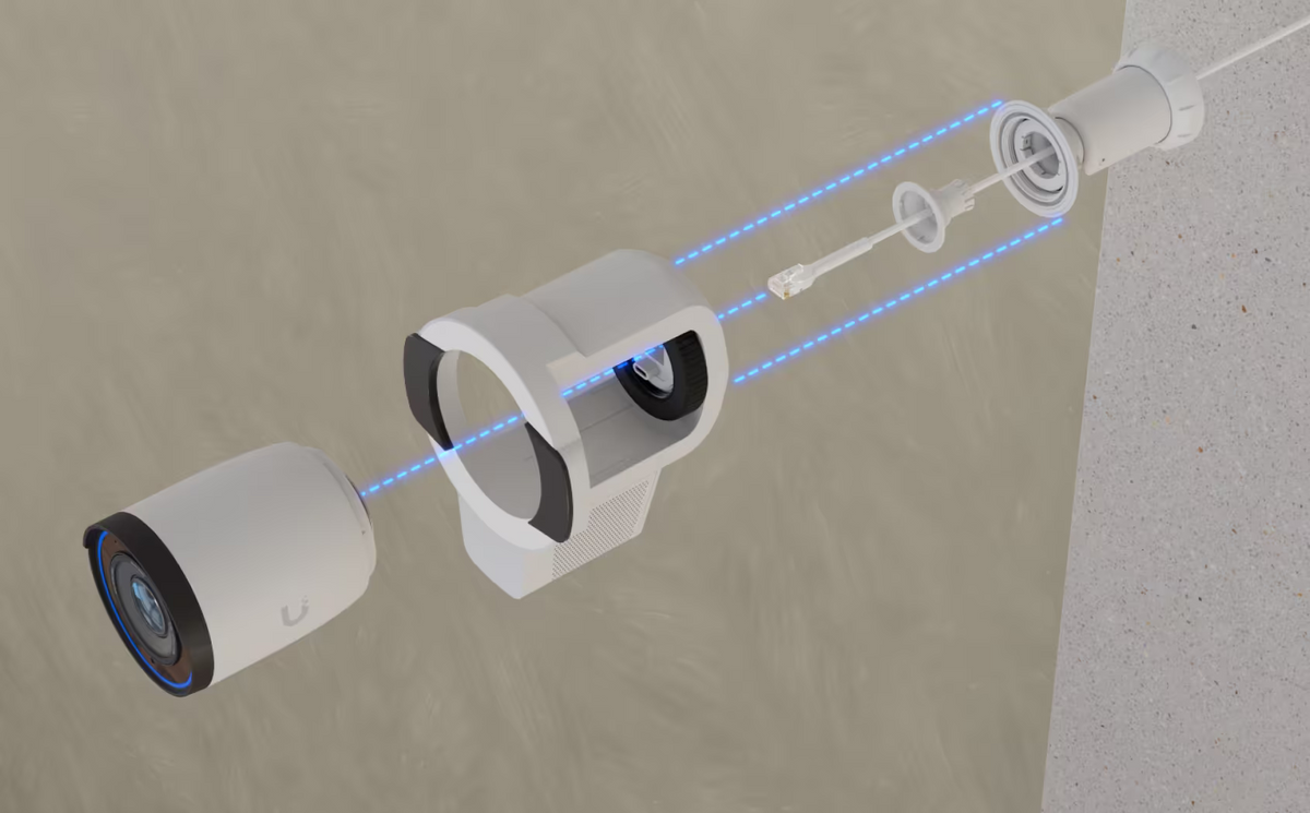Ubiquiti UACC-Pro-Bullet-Enhancer UniFi Pro Bullet Enhancer in white, exploded installation view with bullet camera, Ethernet cable and wall mount