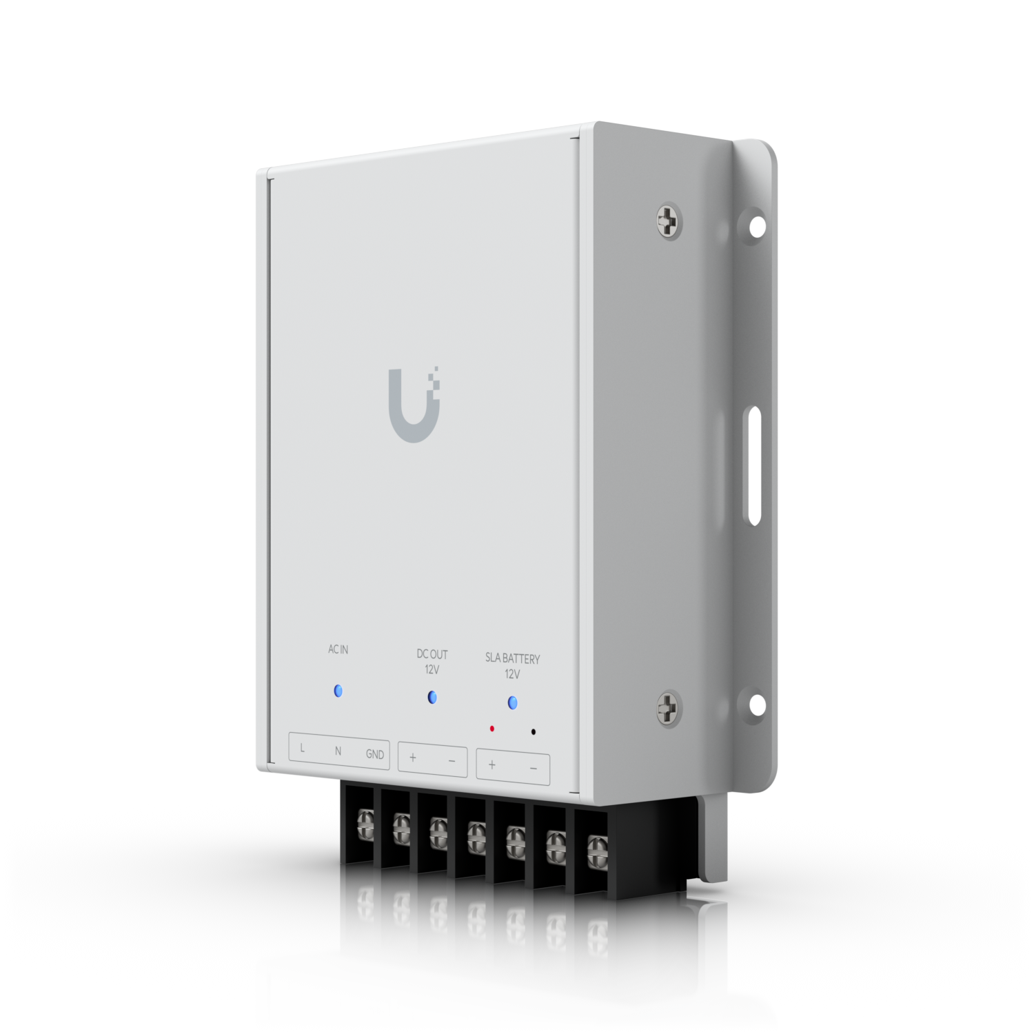 UniFi Retrofit PSU 12V angled front view showing indicator lights, terminal block and mounting bracket