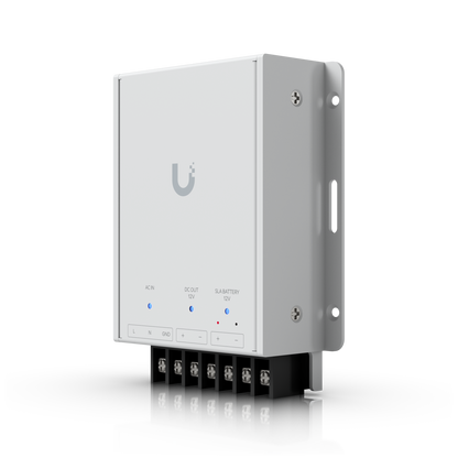 UniFi Retrofit PSU 12V angled front view showing indicator lights, terminal block and mounting bracket