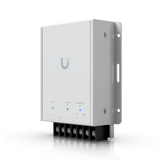 UniFi Retrofit PSU 12V angled front view showing indicator lights, terminal block and mounting bracket