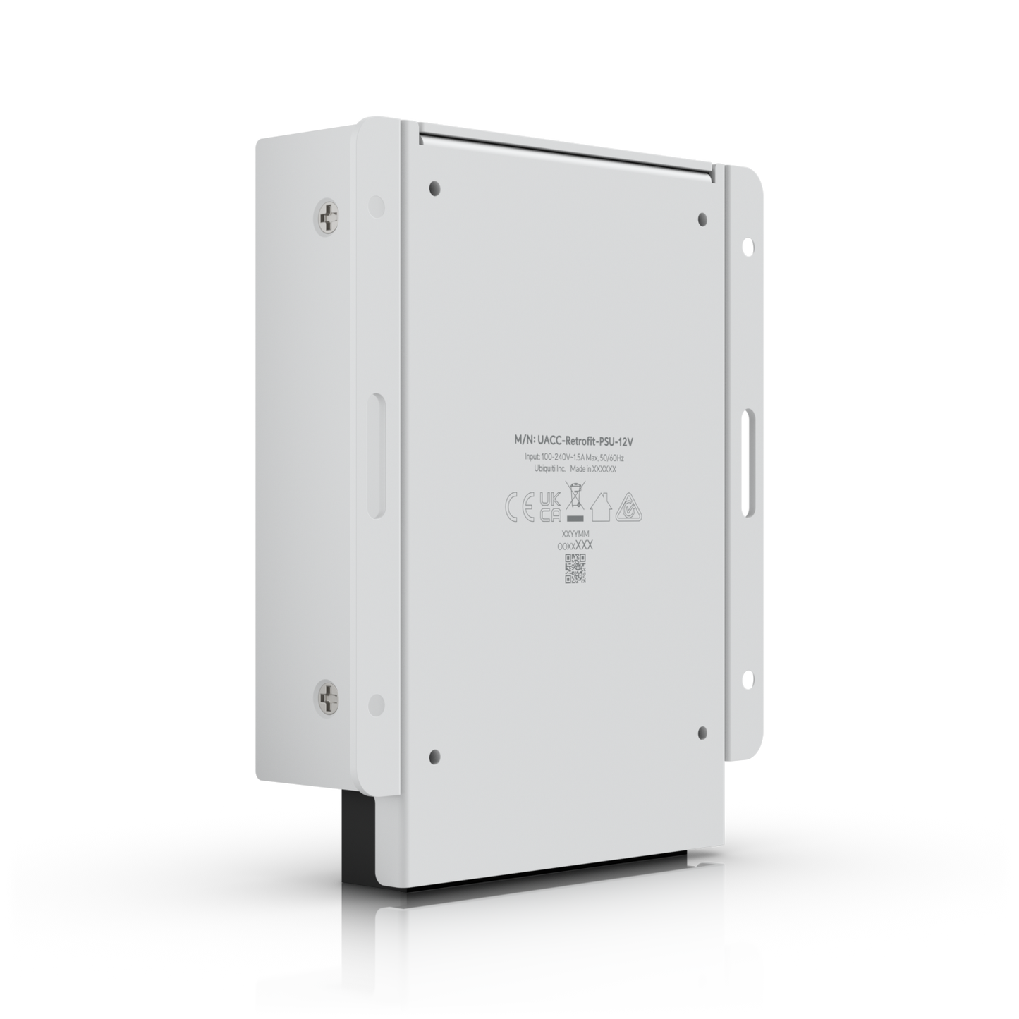 UniFi Retrofit PSU 12V rear angled view with product label, mounting plate and slotted fixing points