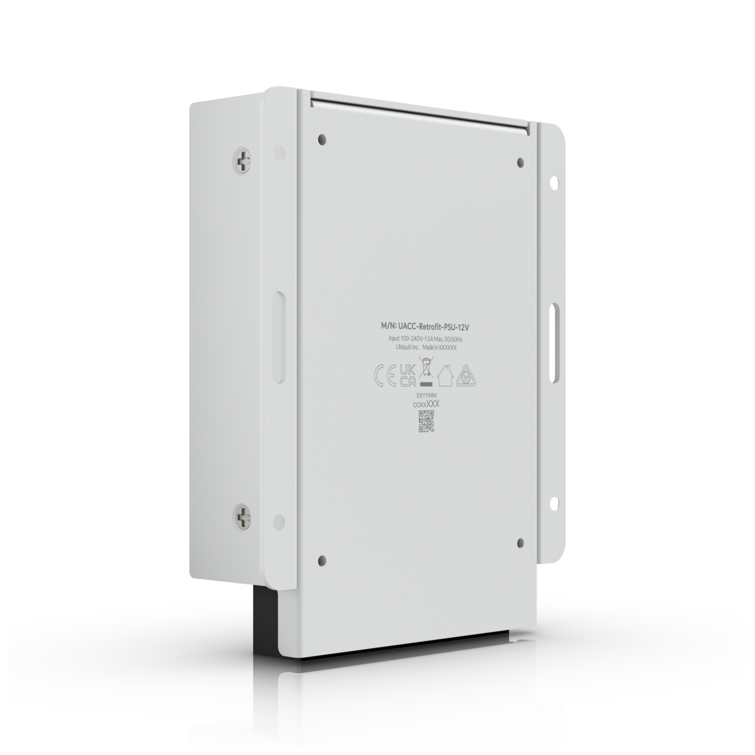 UniFi Retrofit PSU 12V rear angled view with product label, mounting plate and slotted fixing points